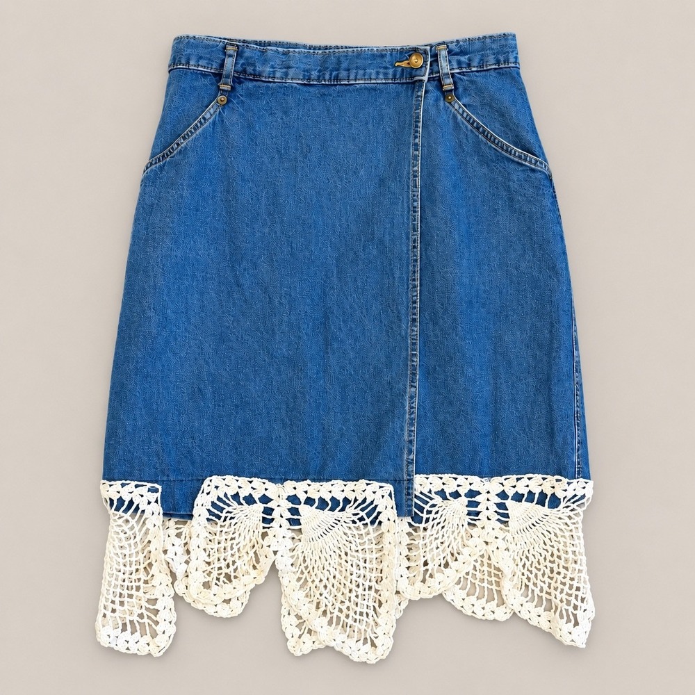 Vintage Dockers Denim Wrap Skirt Crochet Lace Trim Blue Cottagecore Boho